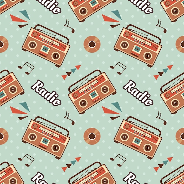 ラジオのシームレスパターンイラストデザインとプレイヤーで録音と音楽を聴く