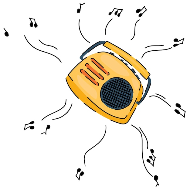 Radio speelt coole muziek met noten overal rond Vector plat illustrator