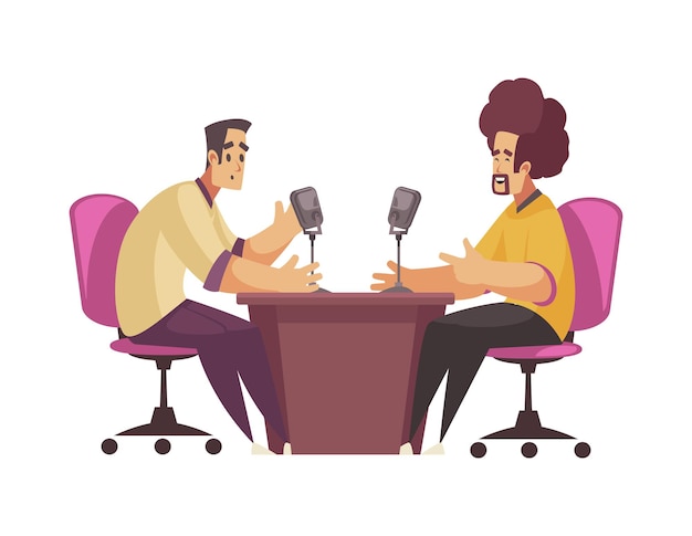 Radio studio opname compositie met karakters van gast en talkshow host praten aan tafel vectorillustratie