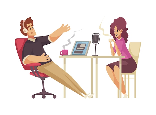 Composizione di registrazione in studio radiofonico con personaggi di uomo e donna in cuffia con caffè e microfono illustrazione vettoriale