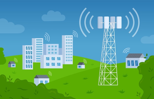 無線通信塔インターネットとモバイル携帯電話アンテナ ワイヤレス ネットワーク信号通信および放送機器都市景観ベクトル イラスト コンセプト