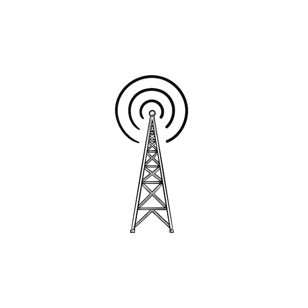 Icona di doodle di contorni disegnati a mano della torre radio. antenna radio, comunicazione wireless, concetto di trasmissione