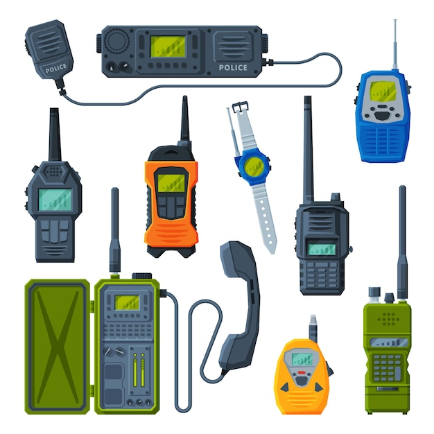 Collezione di trasmettitori radio dispositivi portatili portatili moderni illustrazione vettoriale piatta