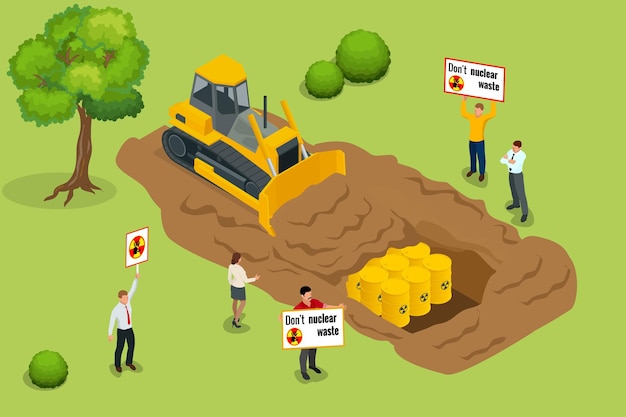 Radioactief afvalconcept. Mensen protesteren tegen milieuvervuiling met radioactief afval. Platte 3d isometrische vectorillustratie.