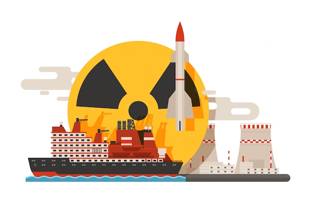 Radioactief, kerncentrale bouwen, explosie van bom, atoompictogrammen set ofs.