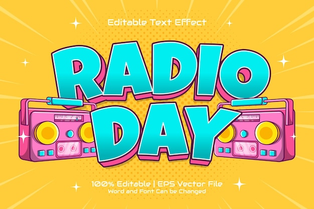 Radiodag teksteffect bewerkbare cartoonstijl