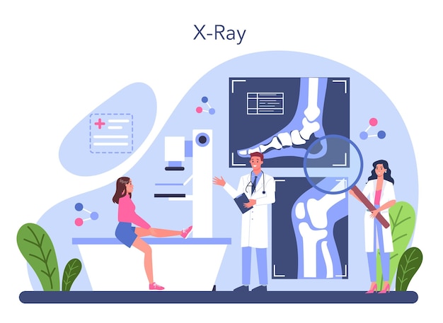 Radiologie concept idee van gezondheidszorg en ziekte diagnose xray beeld van het menselijk lichaam met computertomografie geïsoleerde vectorillustratie in cartoon stijl