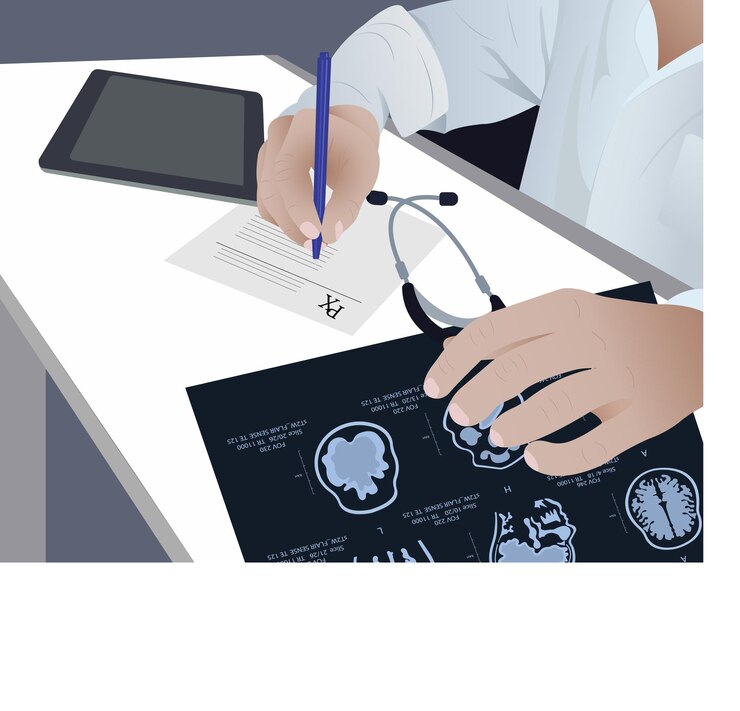 Vector a radiologist analyzes the results of an mri scan of the patient's brain.