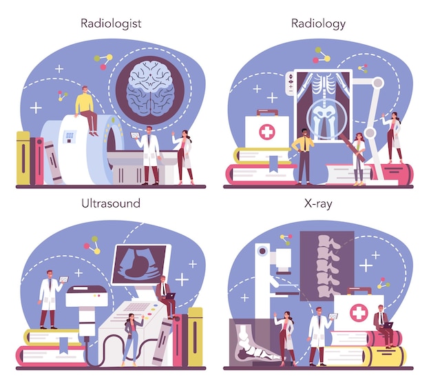 Radiologist concept set. doctor examing x-ray image of human body with computed tomography, mri and ultrasound. idea of health care and disease diagnosis. isolated