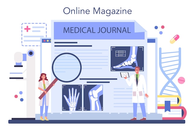 Radioloog online service of platform xray mri en echografie beeld van menselijk lichaam online tijdschrift geïsoleerde platte vectorillustratie