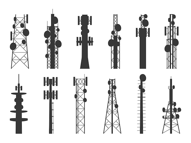 Radiotoren silhouetten. transmissie cellulaire torens, televisie, internet en omroepantenne, satellietsignaal telecommasten. vector geïsoleerde set