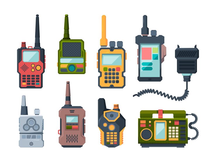 Vector radiozendontvanger. praat apparaten voor militaire politie of reizigers opzichtig vector set. illustratie transceiver radio om met antenne te praten