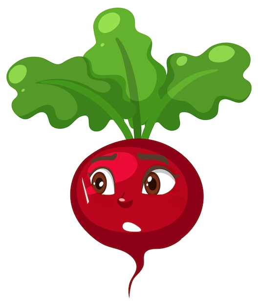 Radish cartoon character with shocked face expression on white background