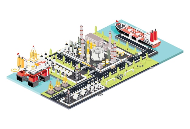 Raffinaderij Plant Isometrische olietankboerderij Offshore-olieplatform Maritieme haven met olietanker afgemeerd aan een olieopslagsiloterminal