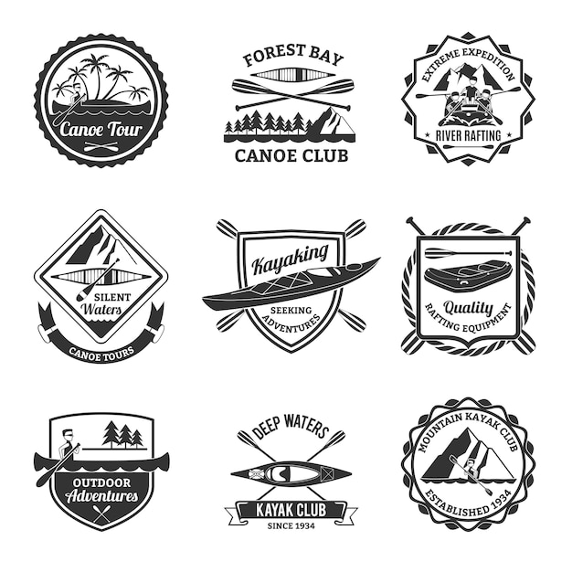 Vector rafting canoeing and kayak emblems set