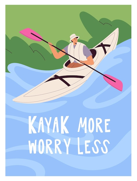 rafting river in canoe inspirational poster design of card with kayaking overcoming waves on boat with paddle person floating rowing in rowboat extreme water sport flat vector illustration