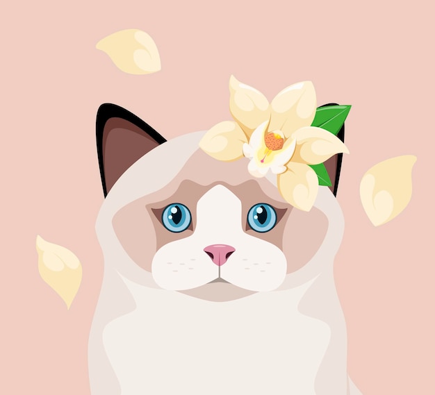 Ragdoll kat met een bloem cartoon design