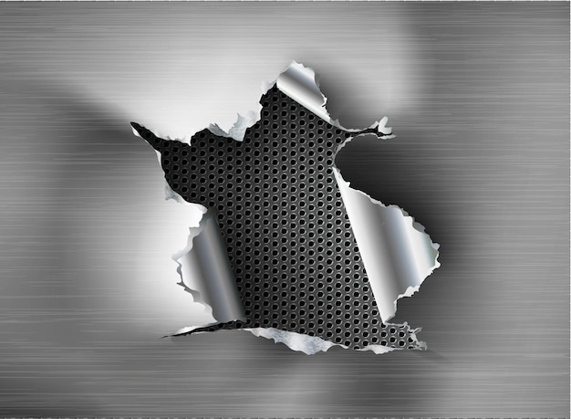 Vector ragged hole torn in ripped metal on steel background