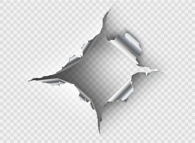 Vector ragged hole torn in ripped metal on transparent background