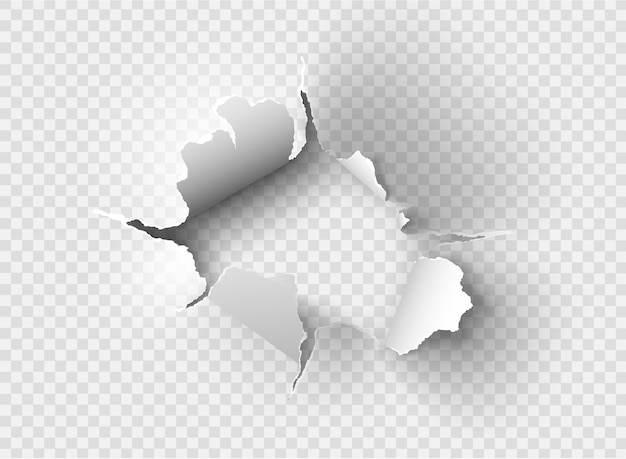 Vector ragged hole torn in ripped paper on transparent background