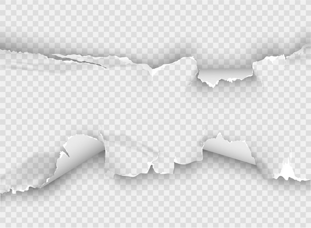 Vector ragged hole torn in ripped paper on transparent background