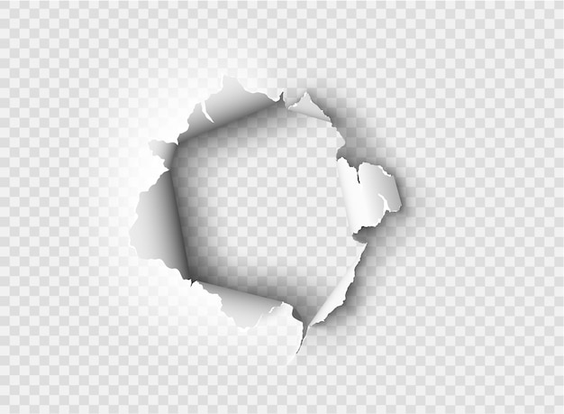 Vector ragged hole torn in ripped paper on transparent background