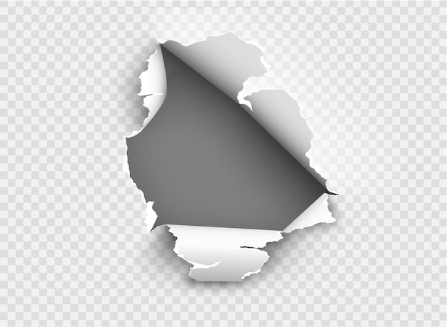 Vector ragged hole torn in ripped paper on transparent background