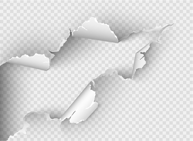 Vector ragged hole torn in ripped paper on transparent background