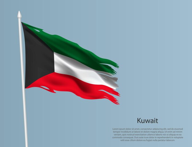 Vector ragged national flag of kuwait wavy torn fabric on blue background realistic vector illustration