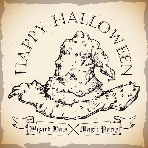 Ragged wizard hat in hand draw style with greeting ribbon for Halloween Vector Illustration