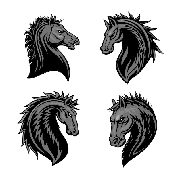 Raging stallion head with thorny prickly mane. Stylized heraldic icons of furious horse. Mustang emblem symbol for sport club, team badge, label, tattoo