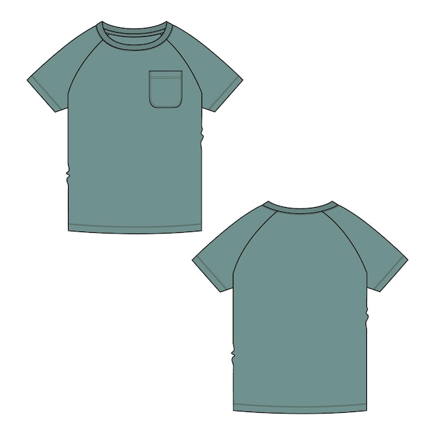 Raglan short sleeve t shirt Technical fashion flat sketch vector illustration green Color template