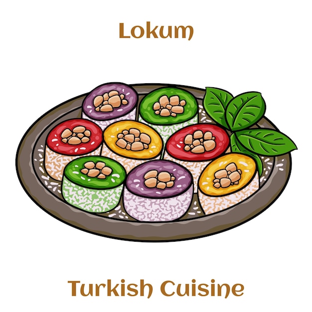 Vector rahat lokum sherbet nuts pistachios assorted traditional turkish desserts turkish cuisine vector illustration