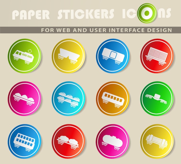 Icone vettoriali per il traffico merci su rotaia su adesivi di carta colorata