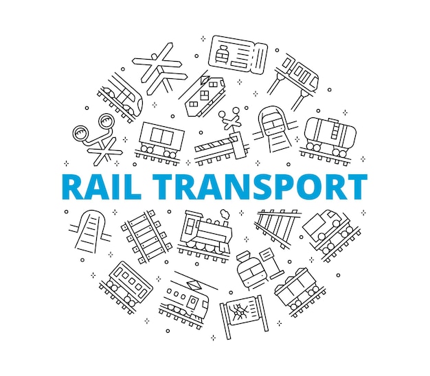 Rail transport set icons circular composition contains such symbols as rail train locomotive railway carriage station and more