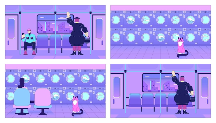 Vector rail travel laundromat lo fi chill wallpaper set