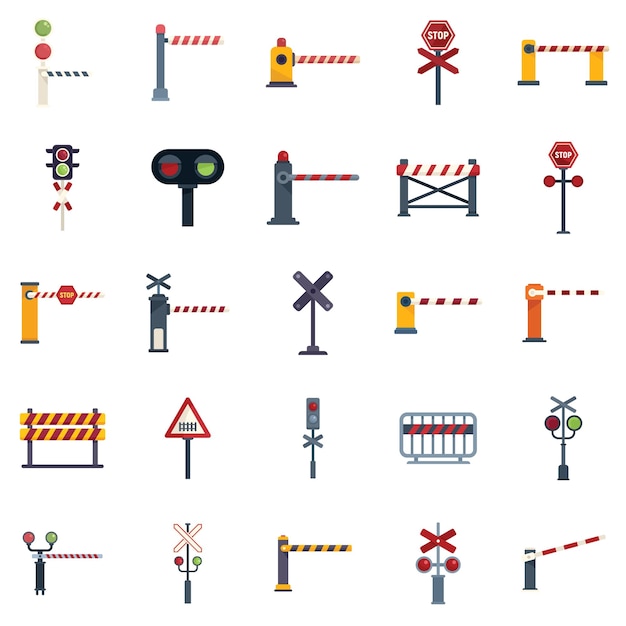 Railroad barrier icons set flat vector Crossing railway