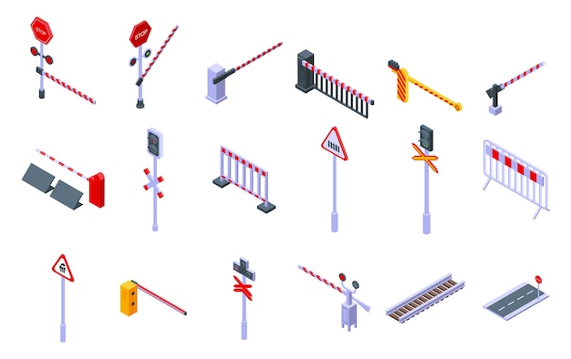 Vector railroad barrier icons set. isometric set of railroad barrier icons for web design isolated on white background