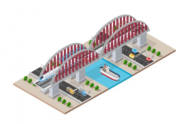 Железнодорожный изометрический мост с железной дорогой и скоростной