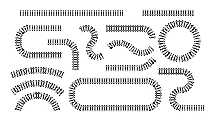 Vector railroad top view set twisted and straight black path made of steel lines