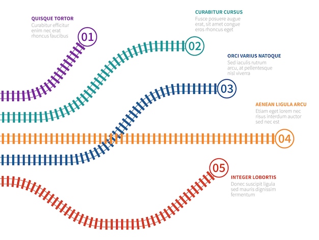Vector railroad tracks infographic. rail tracking option chart, step flowchart