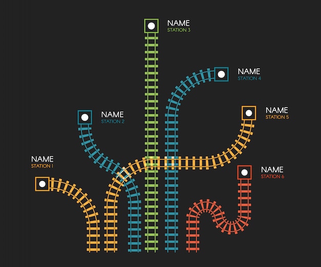 Binari ferroviari, direzione ferroviaria, binari del treno illustrazioni colorate. scale colorate, stazioni della metropolitana mappa vista dall'alto, elementi di infografica.