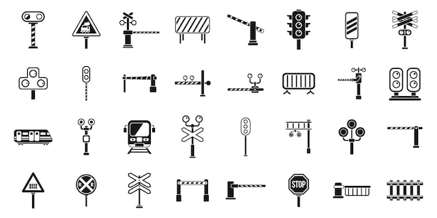 Vector railway crossing icons set simple vector signal alert