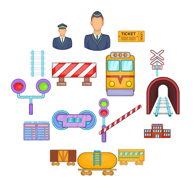 Railway icon set, cartoon style