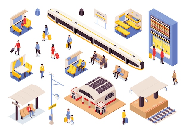 Vector railway isometric color set of passengers with suitcases waiting train on platform and in hall isolated vector illustration