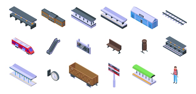 Набор иконок железнодорожной платформы. изометрические набор векторных иконок железнодорожной платформы для веб-дизайна, изолированные на белом фоне