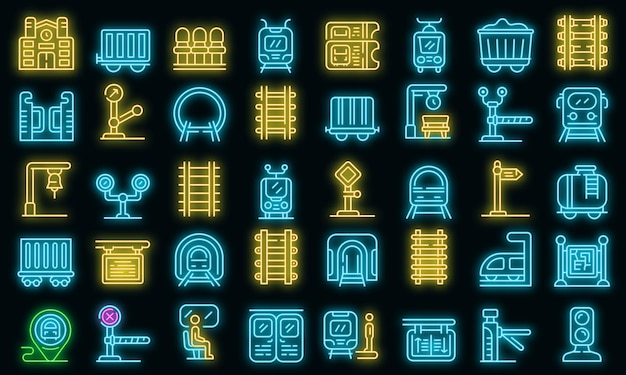 Railway platform icons set vector neon