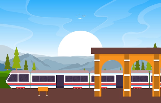 Vector railway public transport commuter metro train station flat illustration