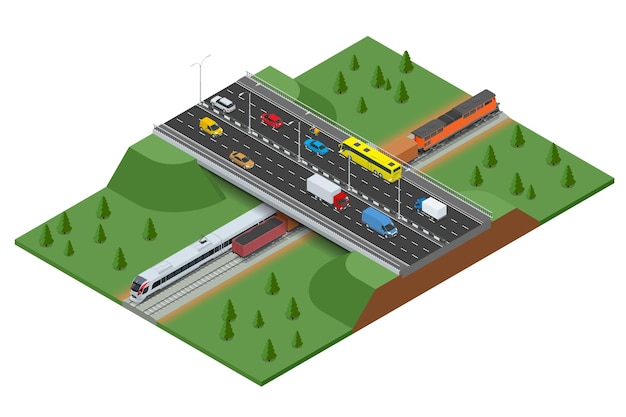 Strada ferrata e binario con il traffico. moderno treno ad alta velocità e treno merci. concetto isometrico di vettore 3d piatto