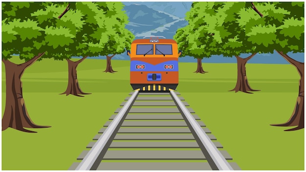 ベクトル 漫画のアニメーションの背景に、森の中を走る鉄道。